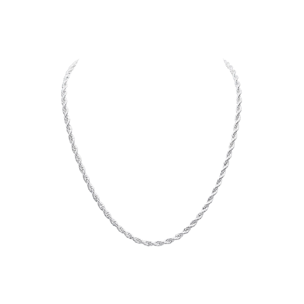 A silver twisted rope chain necklace displayed against a plain white background.