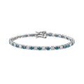A tennis bracelet featuring round-cut blue sapphires and clear diamonds set in a silver-colored metal, shown against a plain white background.