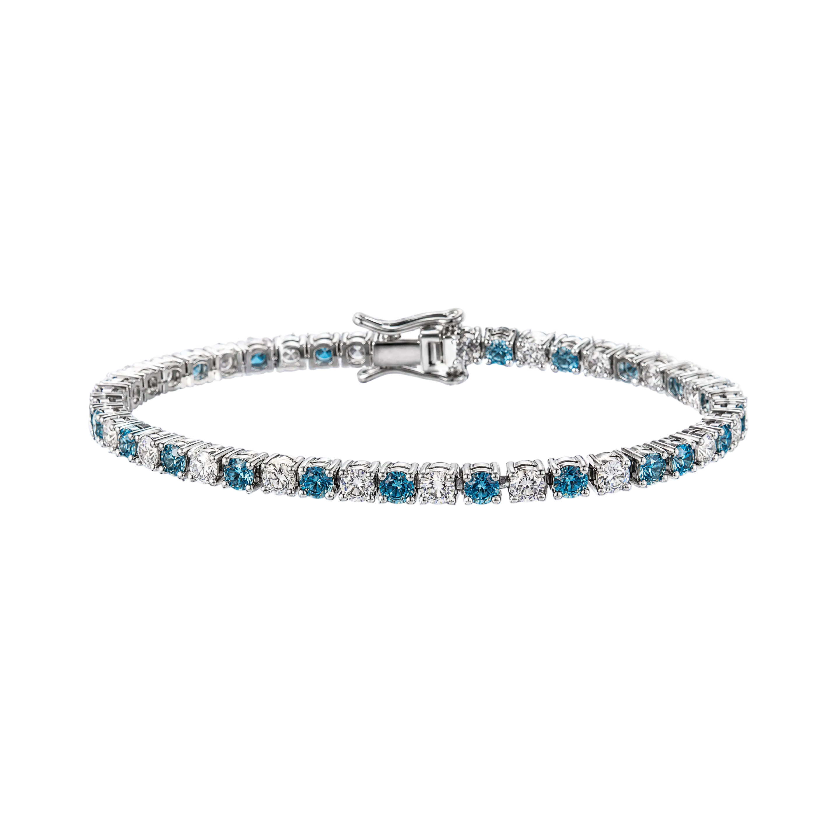 A tennis bracelet featuring round-cut blue sapphires and clear diamonds set in a silver-colored metal, shown against a plain white background.