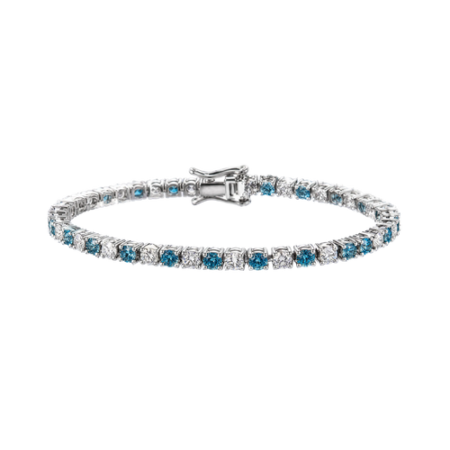 A tennis bracelet featuring round-cut blue sapphires and clear diamonds set in a silver-colored metal, shown against a plain white background.