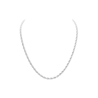 A silver twisted rope chain necklace displayed against a plain white background.
