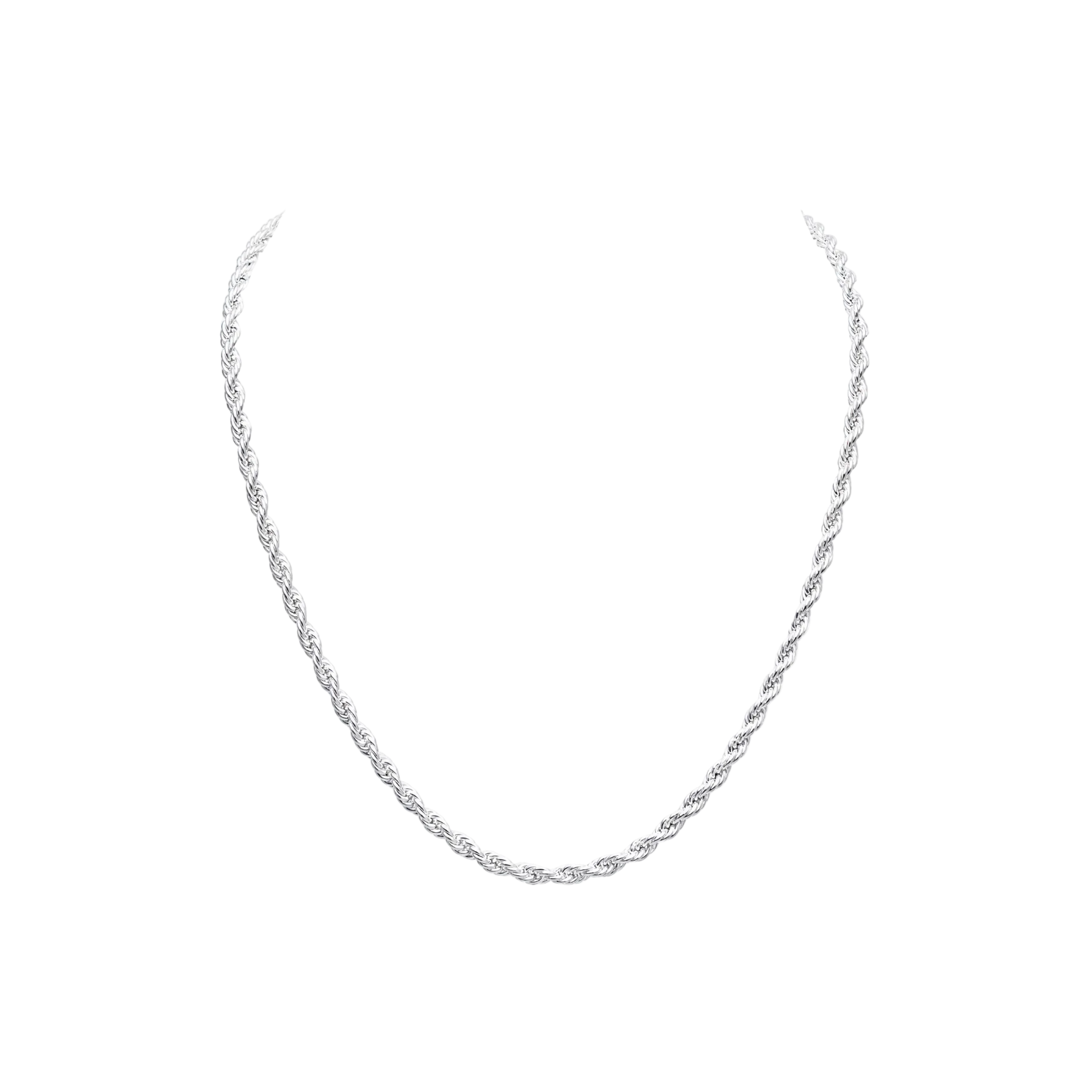 A silver twisted rope chain necklace displayed against a plain white background.