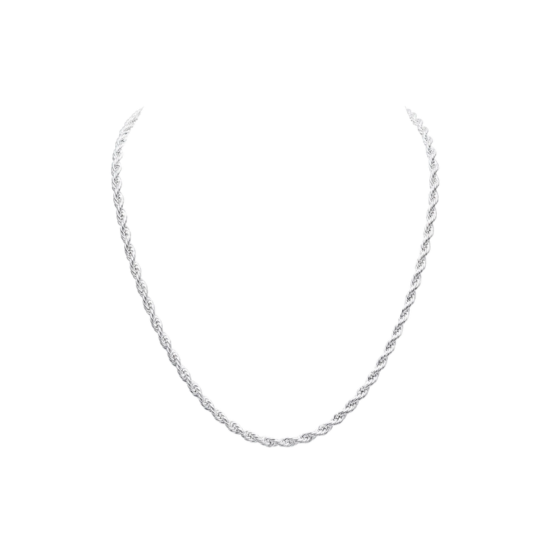 A silver twisted rope chain necklace displayed against a plain white background.